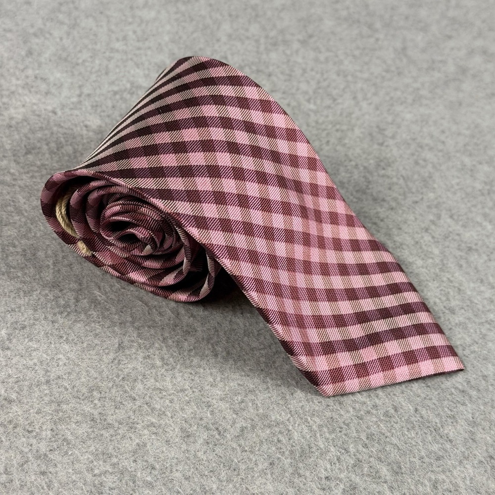 Onassis 100% Silk Tie Pink Burgundy Check Plaid Woven Necktie 58x3.1" NWT